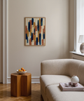 Modern Abstract Color Blocks wall art in Blue, Orange, Beige, and Brown for bedrooms