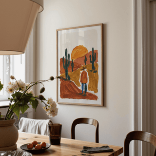 Desert Landscape Art Print with Blue jeans detail for eclectic living spaces
