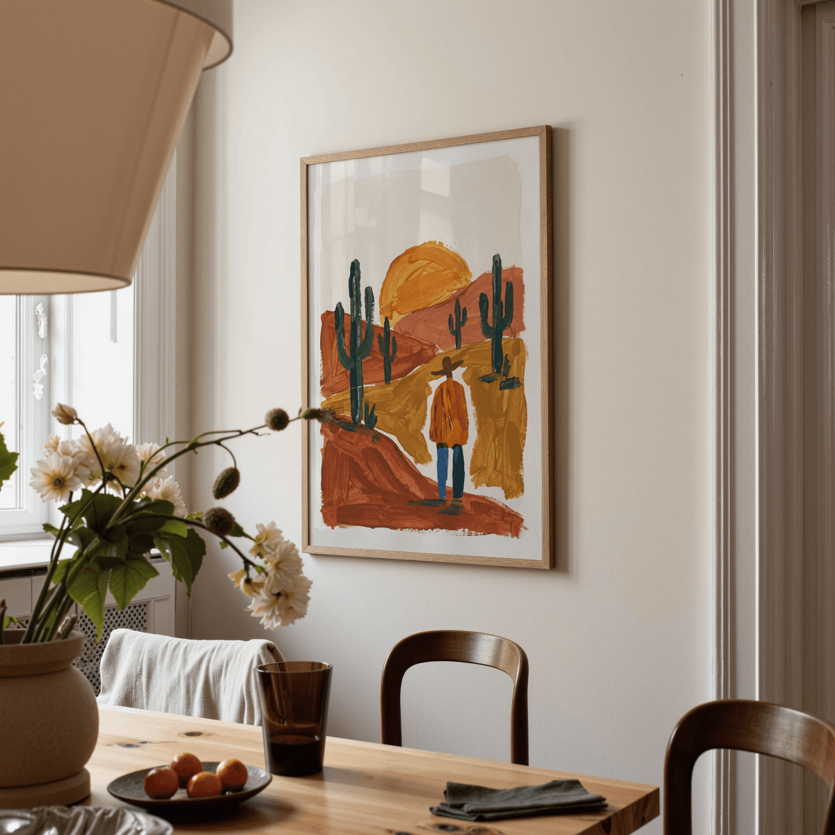 Desert Landscape Art Print with Blue jeans detail for eclectic living spaces