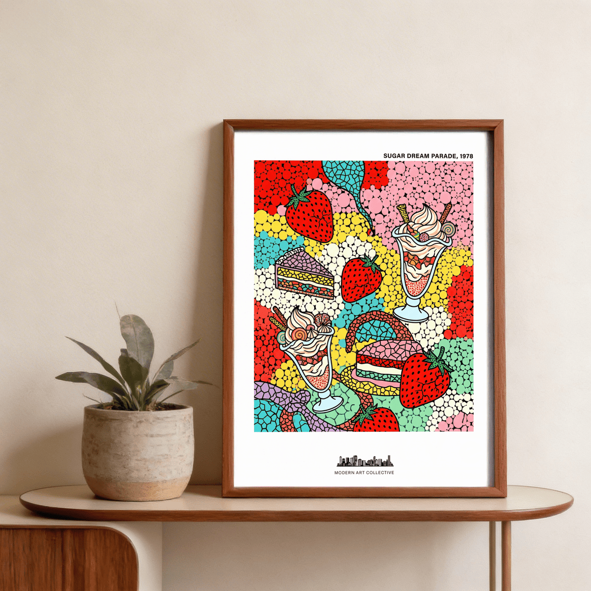 Graphic dessert poster featuring two ice cream sundaes with candy toppings and thick outlines
