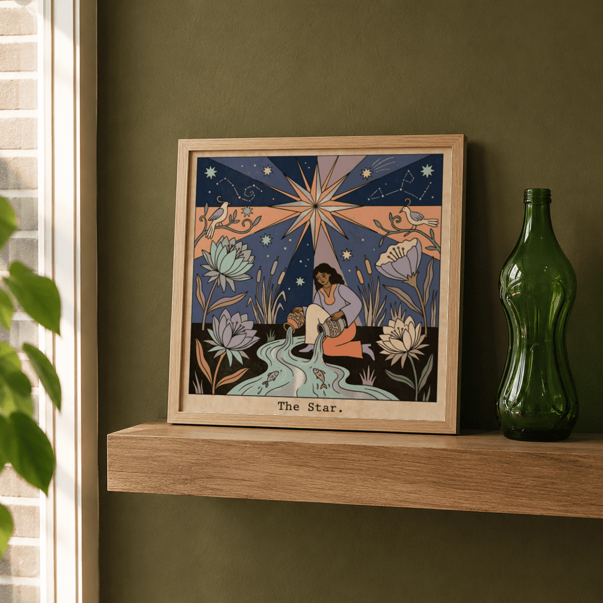 Illustrated The Star Tarot Card Art poster with central starburst, flowers, and flowing stream