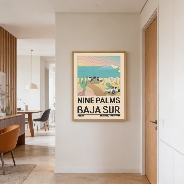 Flat color coastline illustration highlighting palm tree and gentle wave lines