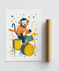 Monkey Drummer Art Print using Multicolored palette for office wall art