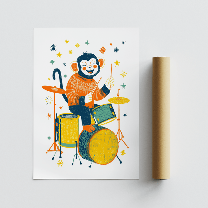 Monkey Drummer art print with a monkey playing drums and stars next to a packaging tube