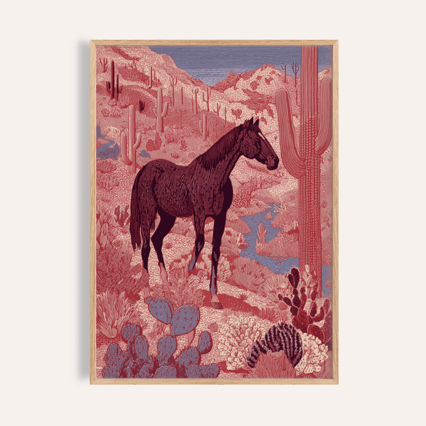 Western Horse Wall Art poster showing a horse among saguaro cactus