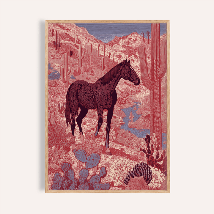 Western Horse Wall Art poster showing a horse among saguaro cactus