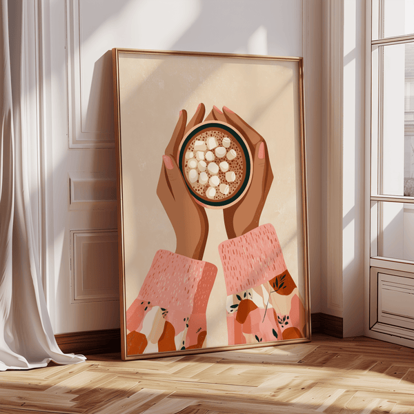 Hot Cocoa Wall Art with marshmallow details for cozy kitchen decor