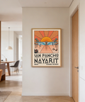 San Pancho Nayarit Print with beach silhouettes, pier perspective, and sunburst rays