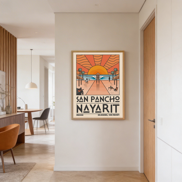San Pancho Nayarit Print with beach silhouettes, pier perspective, and sunburst rays