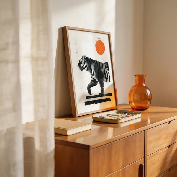 Minimalist tiger wall art print showing stripes, walking pose, and orange circle