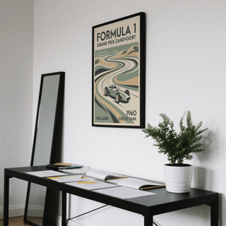 Vintage open-wheel car poster framed by simplified sky bands and crisp negative space