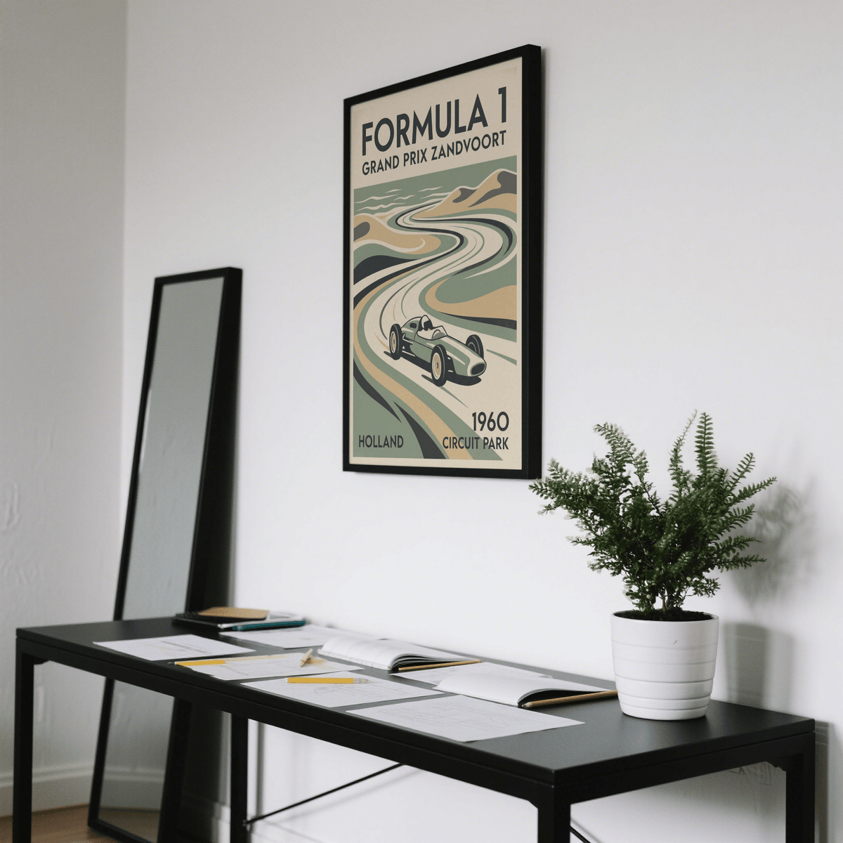 Vintage open-wheel car poster framed by simplified sky bands and crisp negative space