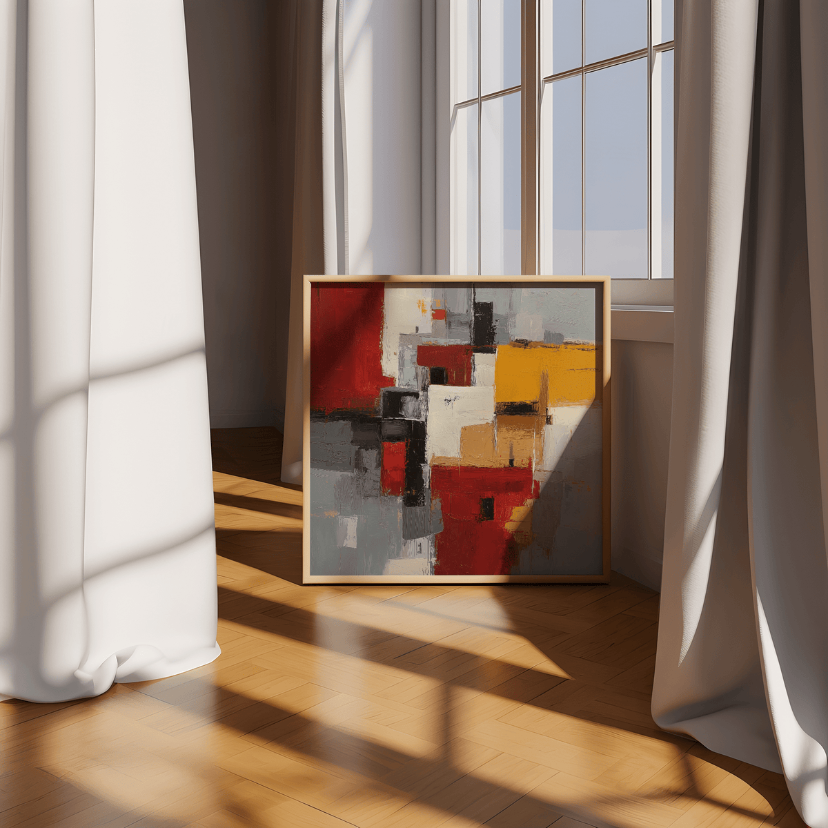 Colorful Abstract Poster Art adding red, yellow, and gray tones to home walls