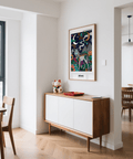 Lower half wall art print with standing wolf, floral elements, and patterned ground