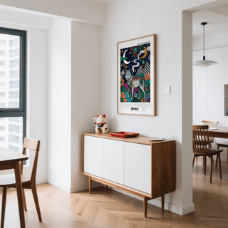 Lower half wall art print with standing wolf, floral elements, and patterned ground