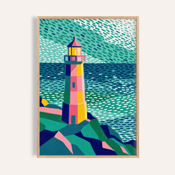 Colourful Lighthouse Print in blue, green, and yellow for living room wall art