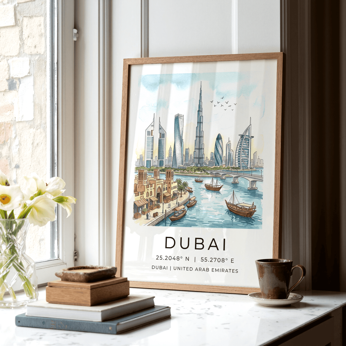 Poster print of Dubai skyline with Burj Khalifa, birds, and marina