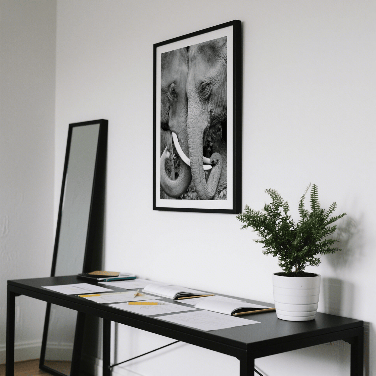 Textured elephant portrait poster with tusks and curled trunk in close crop
