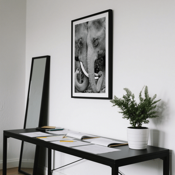 Textured elephant portrait poster with tusks and curled trunk in close crop