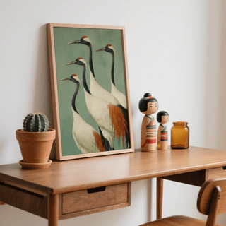 Framed crane illustration print styled above modern console table