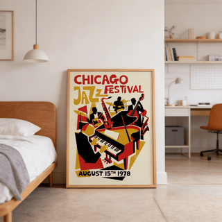 Presenting Chicago Jazz Festival Poster wall art in Red, Yellow, Black with layered geometric shapes