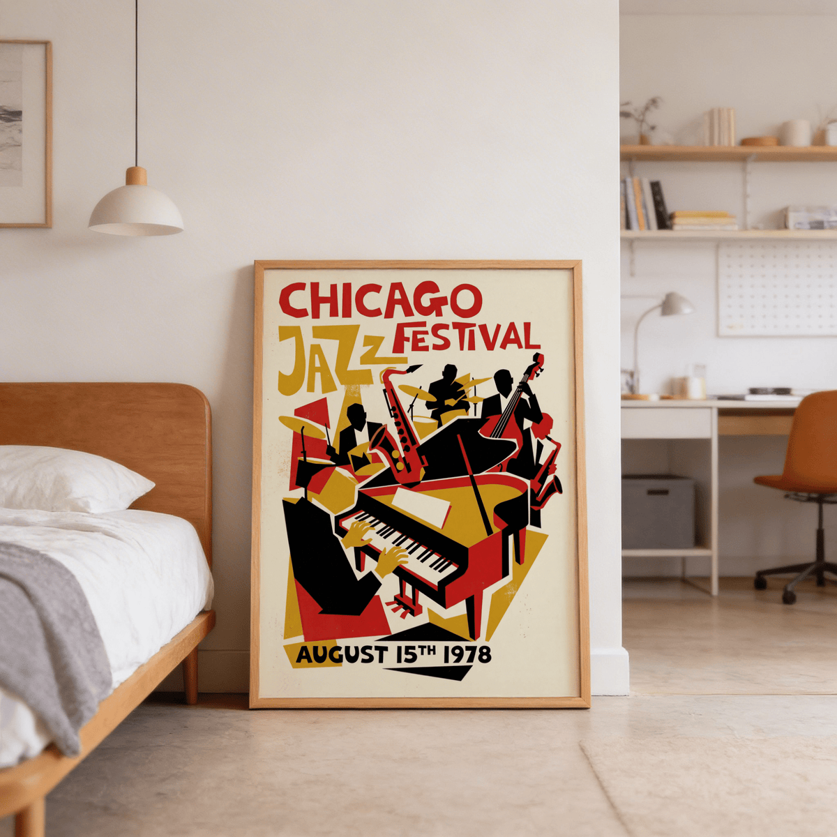 Presenting Chicago Jazz Festival Poster wall art in Red, Yellow, Black with layered geometric shapes
