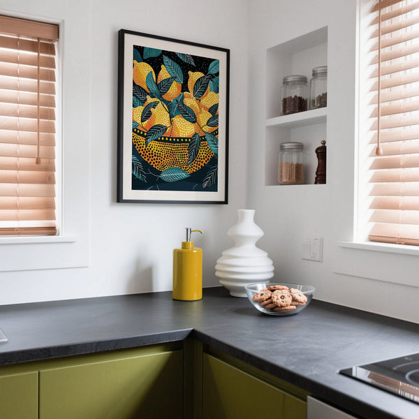 Bright lemon wall art featuring dotted textures and bold teal leaves.