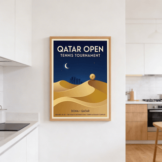 Vintage tournament artwork portraying tennis ball resting on stylized sand hill