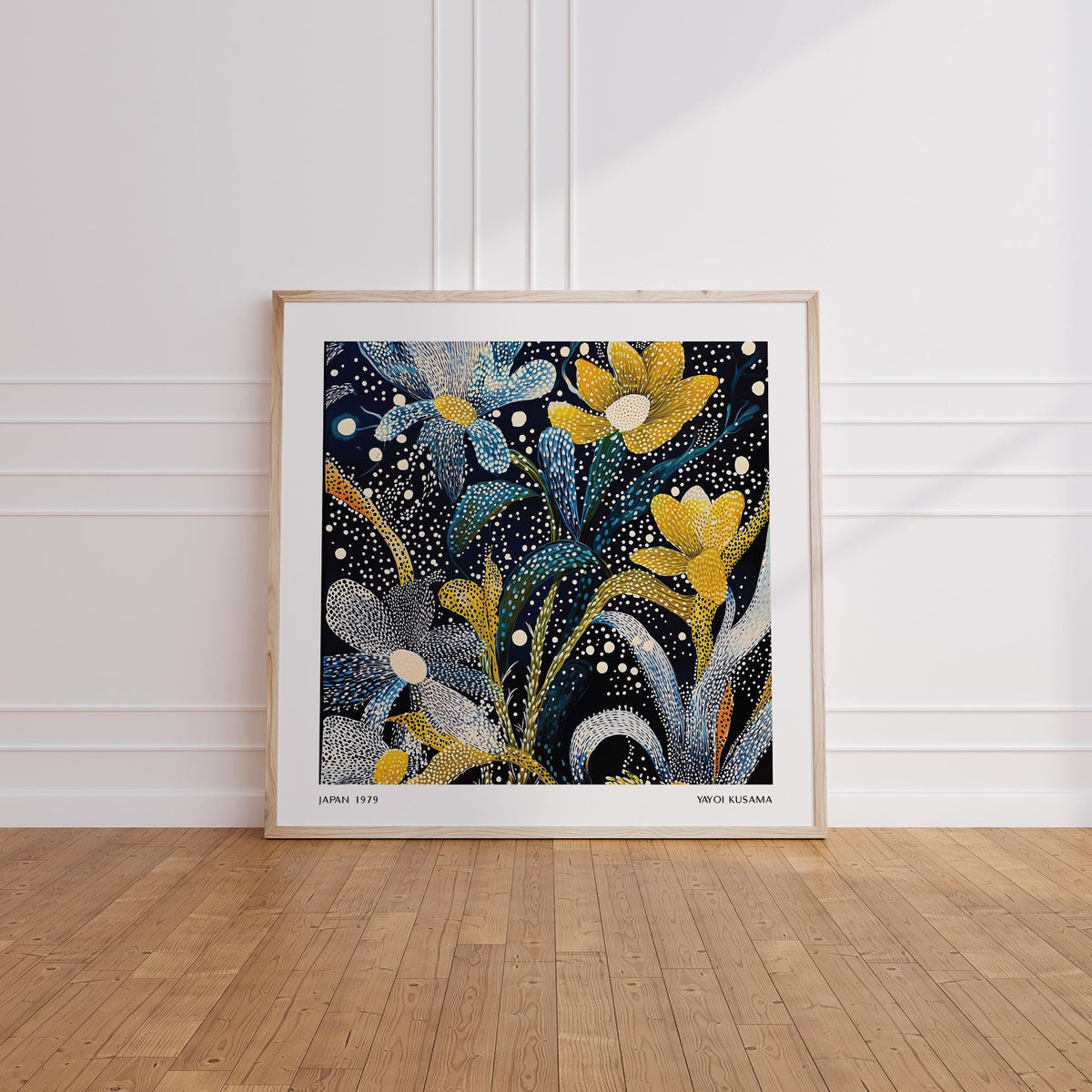 Detailed Dark Floral Wall Art showing flowing green leaves and dotted blooms.