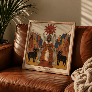 Graphic tarot poster of emperor figure flanked by rams and tall torch stands