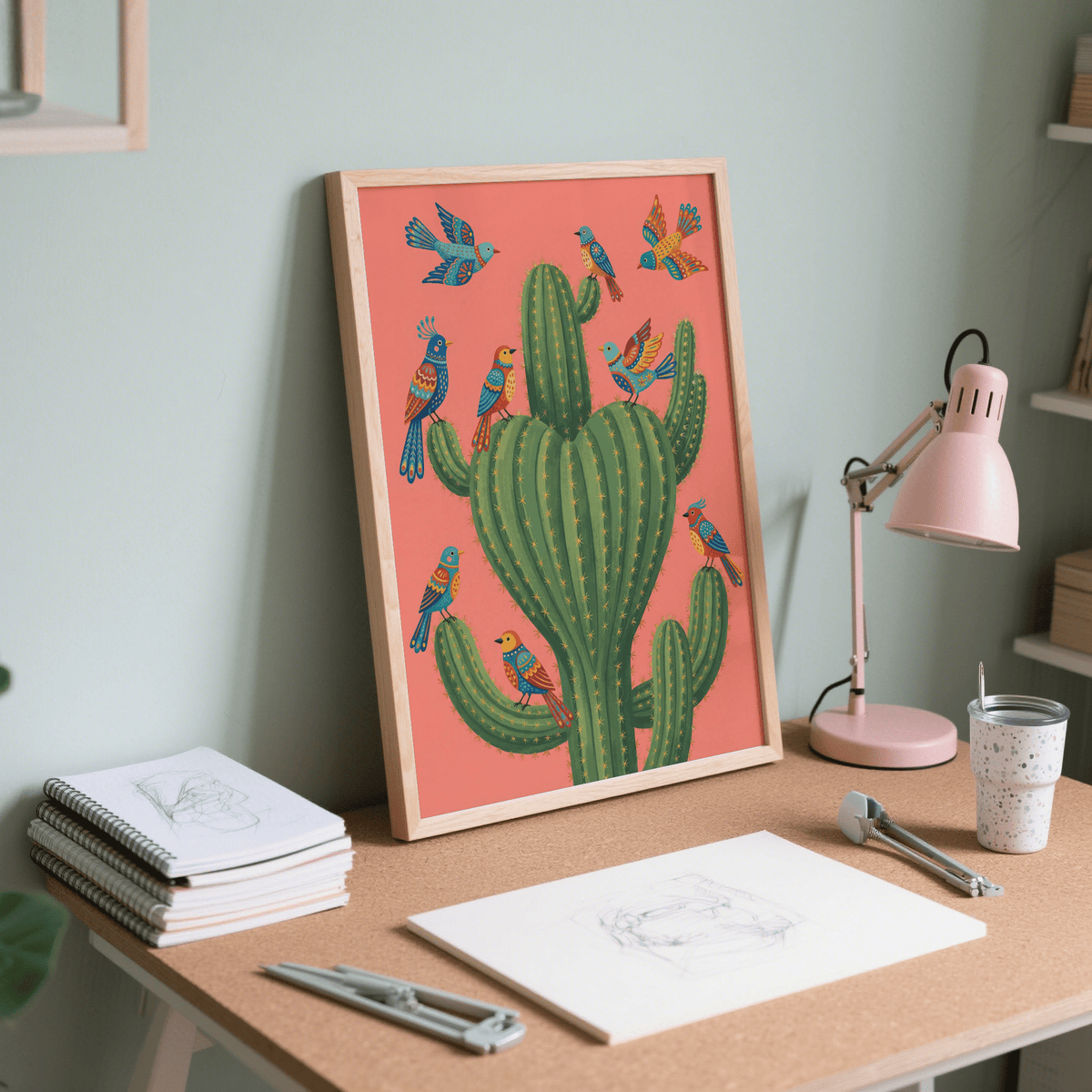 Colorful Bird Cactus Art for hallway decor, showing playful birds and cactus