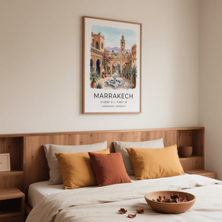 Cityscape poster print of Marrakech street market with small figures and stalls