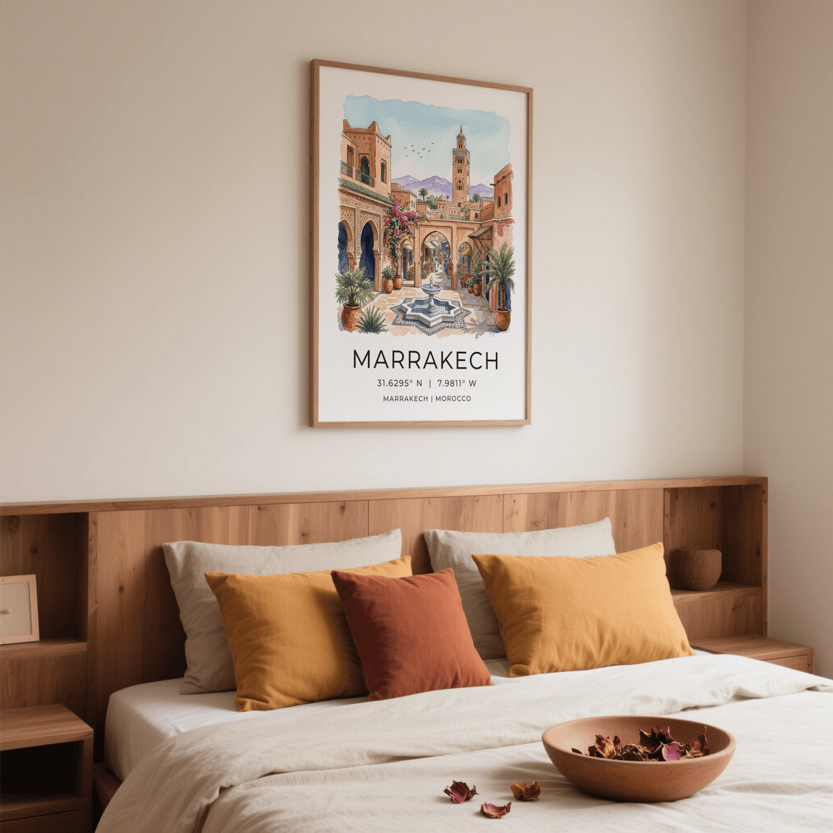 Cityscape poster print of Marrakech street market with small figures and stalls