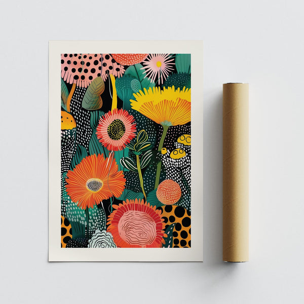 Beautiful flower art with bold pattern play and expressive color choices.