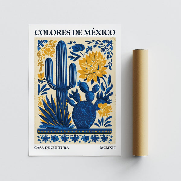 Desert scene in blue and gold tones with Mexican folk art design.