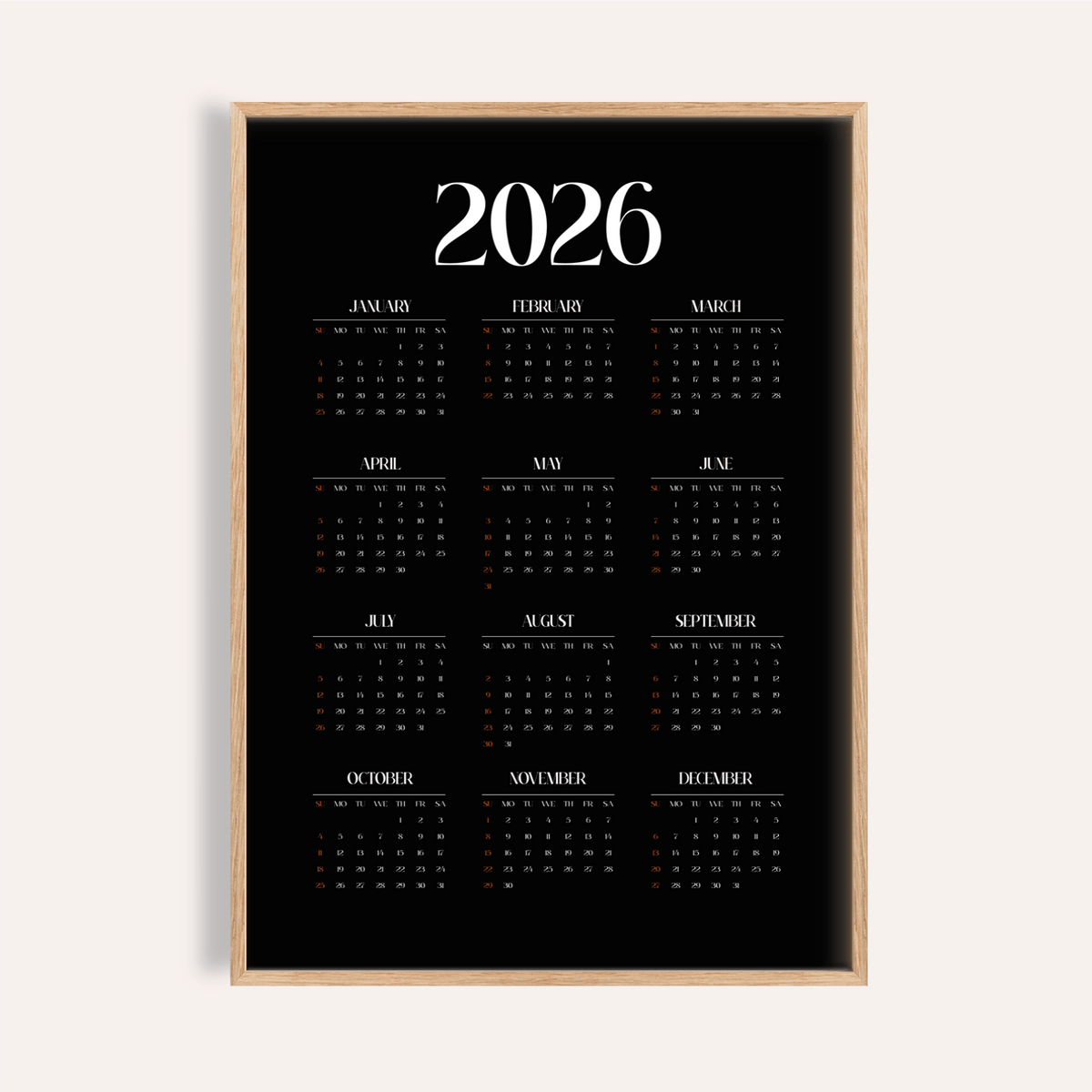 Modern Calendar Print in Black and White for office wall art