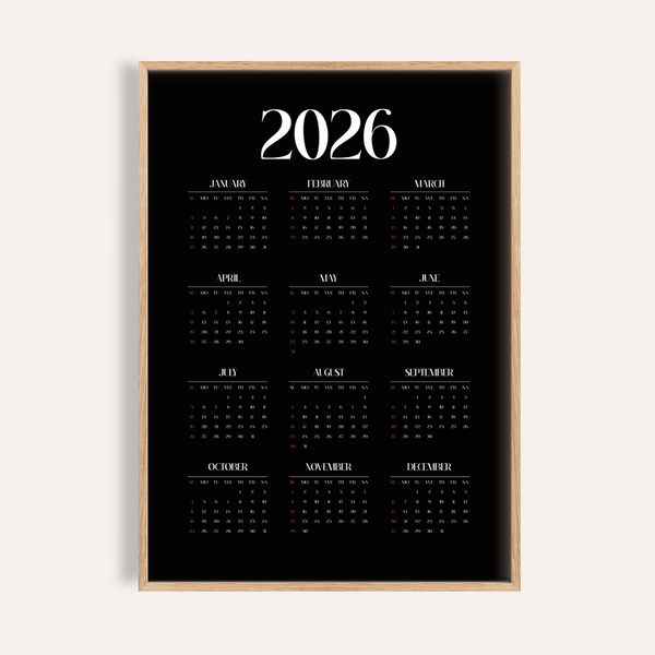 Modern Calendar Print in Black and White for office wall art