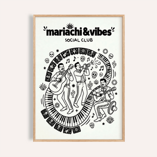 Mariachi Art Print line drawing of trio with guitars and trumpet inside piano key oval