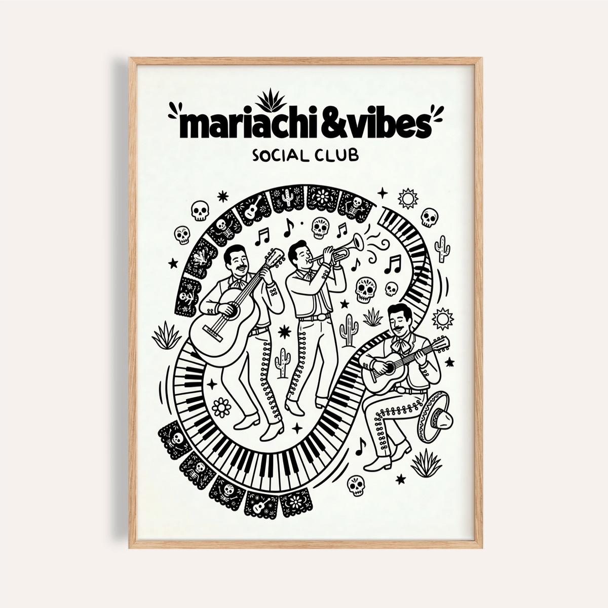 Mariachi Art Print line drawing of trio with guitars and trumpet inside piano key oval