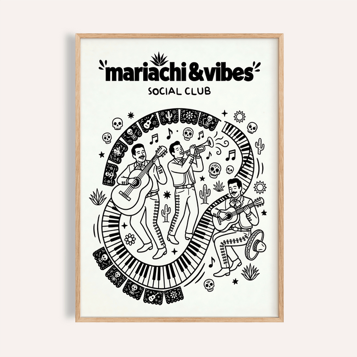 Mariachi Art Print line drawing of trio with guitars and trumpet inside piano key oval