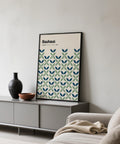 A vertical-format blue and green wall art print ideal for office or hallway decor.
