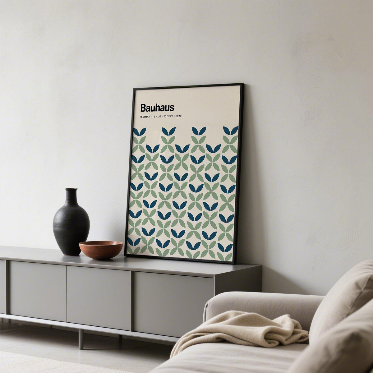 A vertical-format blue and green wall art print ideal for office or hallway decor.