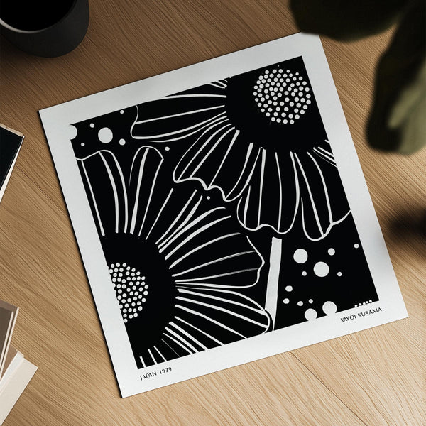 Office space styled with modern black white floral art