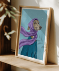 Dressed up Dog Art wall art, blue background, purple scarf, perfect in a home office