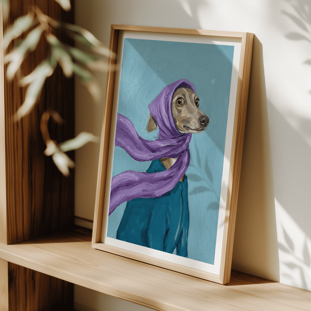 Dressed up Dog Art wall art, blue background, purple scarf, perfect in a home office