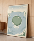 Illustrated golf course wall art with green island, flag 18, and water hazard