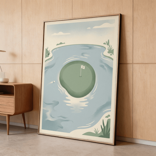 Illustrated golf course wall art with green island, flag 18, and water hazard