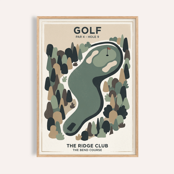 Golf Landscape Print with overhead view of winding fairway and flag pin