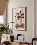 Dining nook wall print depicting berry sprigs on wooden surface