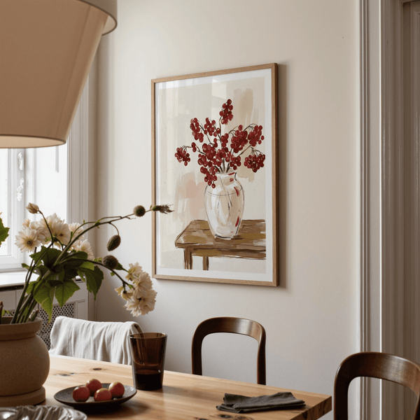 Dining nook wall print depicting berry sprigs on wooden surface
